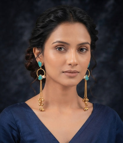 Premium Turquoise Stone Golden Hoop Chain Jhumka Earrings