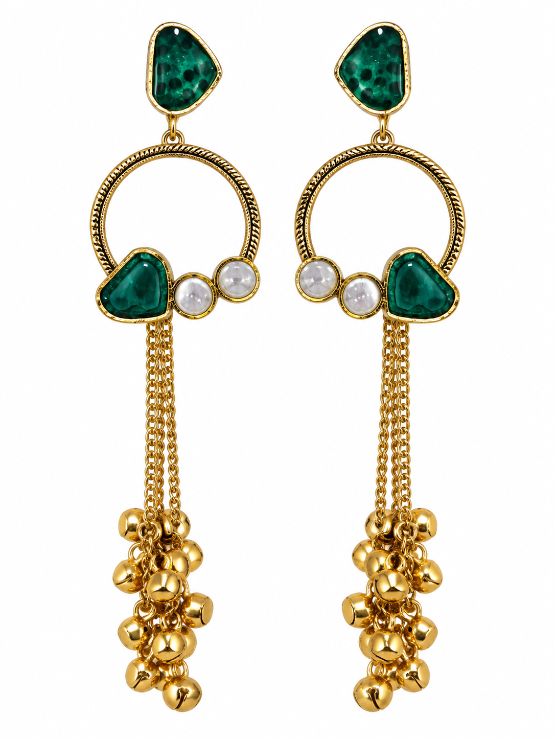 Premium Gold-Toned Emerald Green Stone Hoop Chain Earrings
