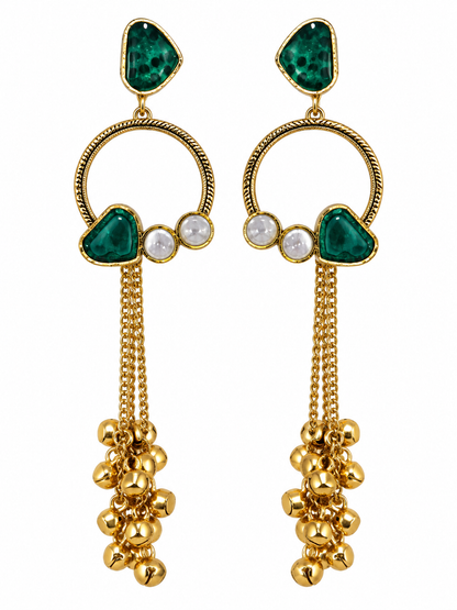Premium Gold-Toned Emerald Green Stone Hoop Chain Earrings