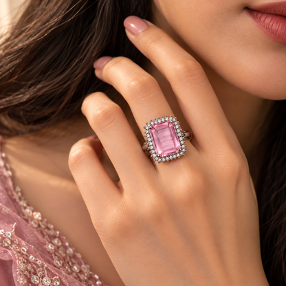 Silver-Toned Pink Rectangle Statement Ring