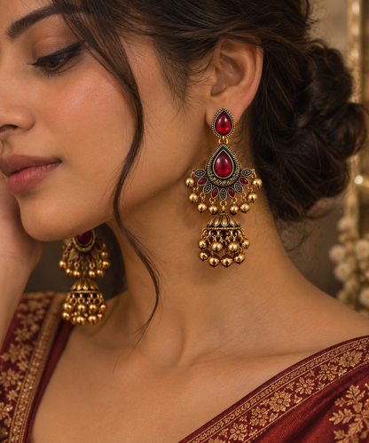 Premium Antique Gold-Toned Ruby Red Stone Chandelier Jhumka Earrings