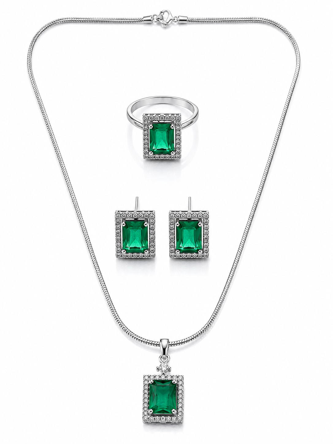 Emerald Green Silver-Toned Pendant Set