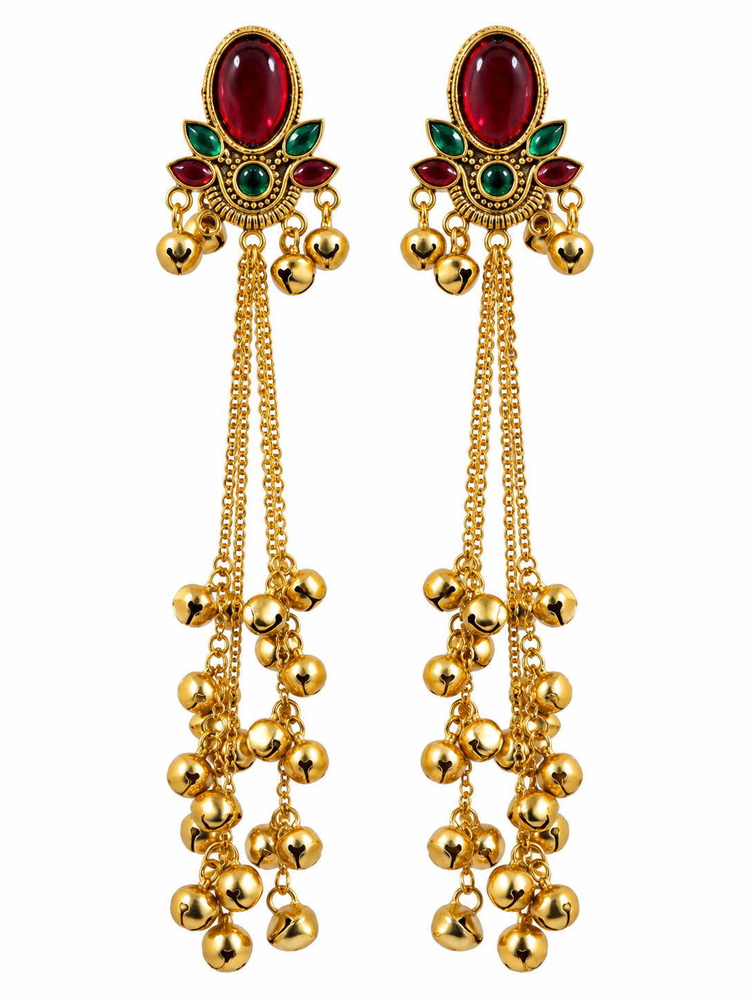 Premium Gold-Toned Multicolour Stone Long Chain Jhumka Earrings