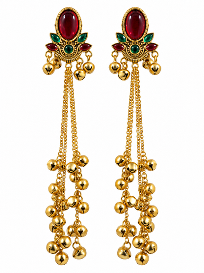 Premium Gold-Toned Multicolour Stone Long Chain Jhumka Earrings