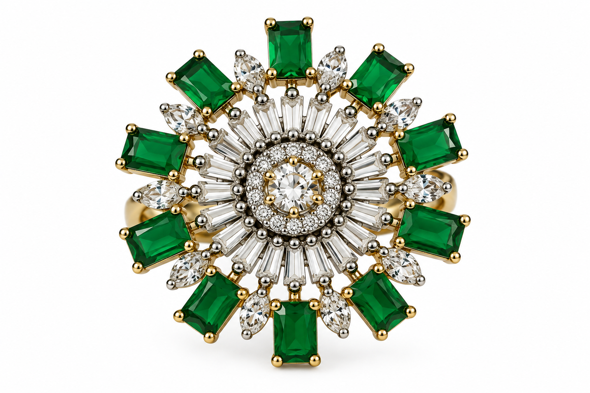 Emerald Green Floral Sunburst Statement Ring