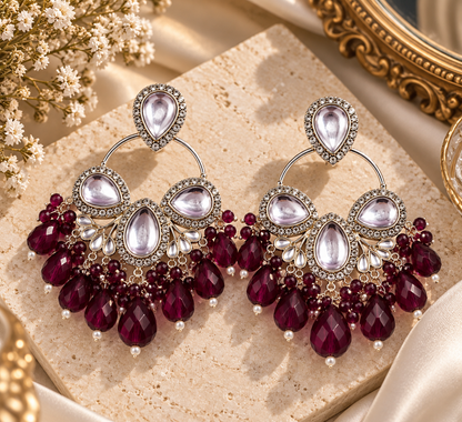 Premium Silver-Toned Burgundy Crystal Chandelier Statement Earrings