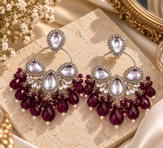 Premium Silver-Toned Burgundy Crystal Chandelier Statement Earrings