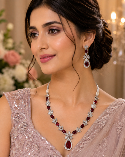 Elegant Ruby Red Teardrop Necklace & Earring Set