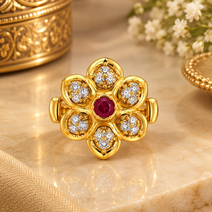 Gold-Toned Ruby Floral Statement Ring
