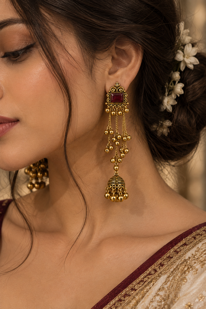 Gold-Toned Red Stone Long Chain Jhumka