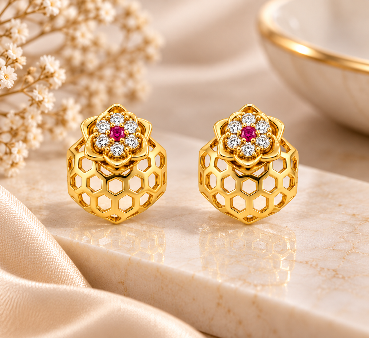Gold-Toned Honeycomb Floral Stud Earrings