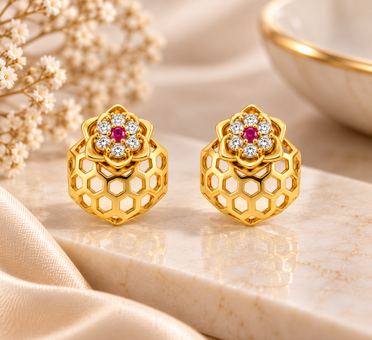 Gold-Toned Honeycomb Floral Stud Earrings