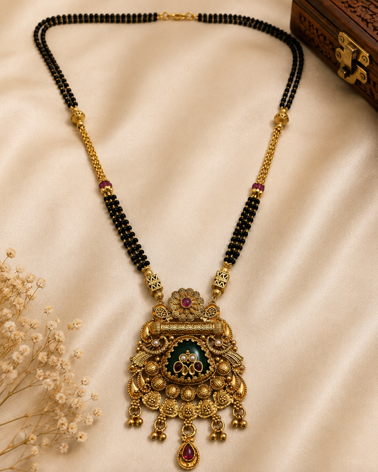 Regal Antique Gold Black Beaded Temple Mangalsutra