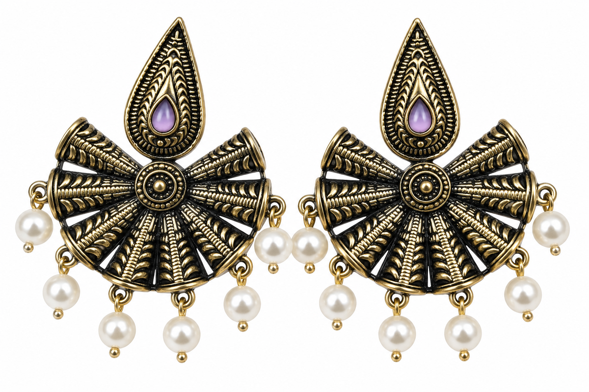 Premium Antique Gold-Toned Lavender Peacock Fan Statement Earrings