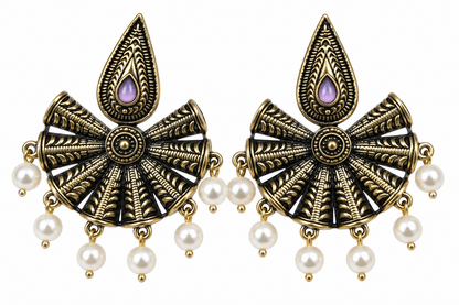 Premium Antique Gold-Toned Lavender Peacock Fan Statement Earrings