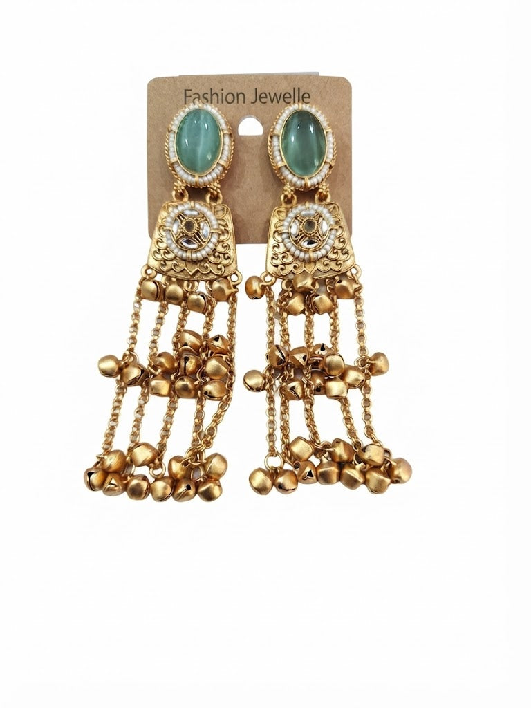 Premium Emerald Green Stone Golden Chain Statement Earrings