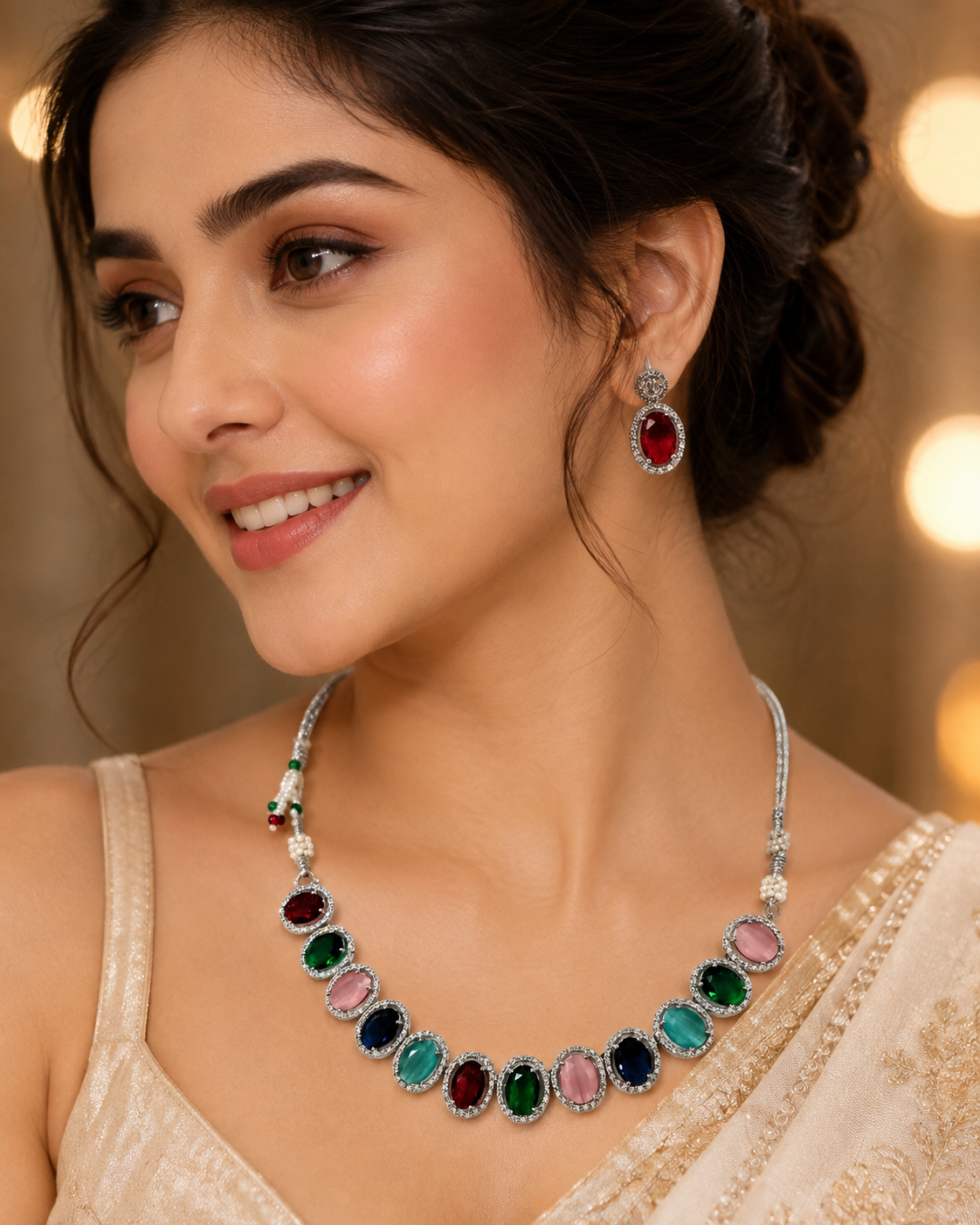 Silver-Toned Multicolor Stone Necklace Set