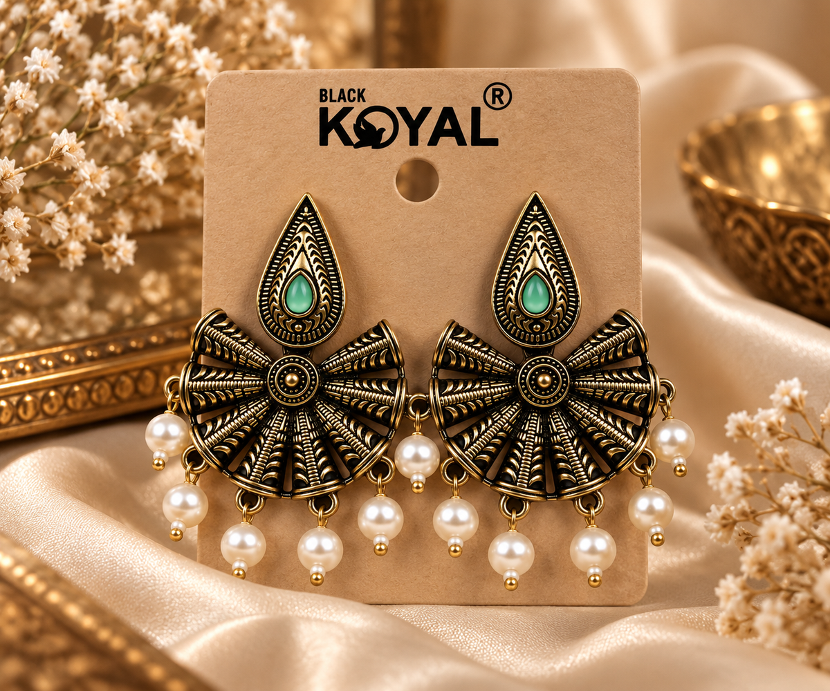 Premium Antique Gold-Toned Peacock-Inspired Earrings with Mint Green Stones