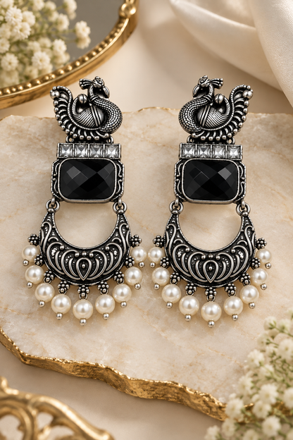 Antique Silver-Toned Black Stone Peacock Statement Earrings