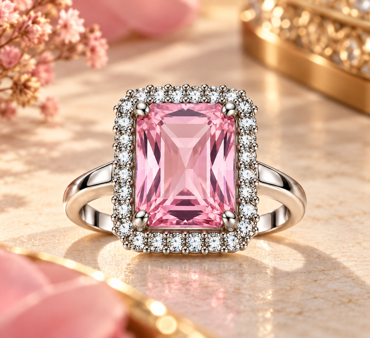 Rose Pink Rectangular Halo Statement Ring