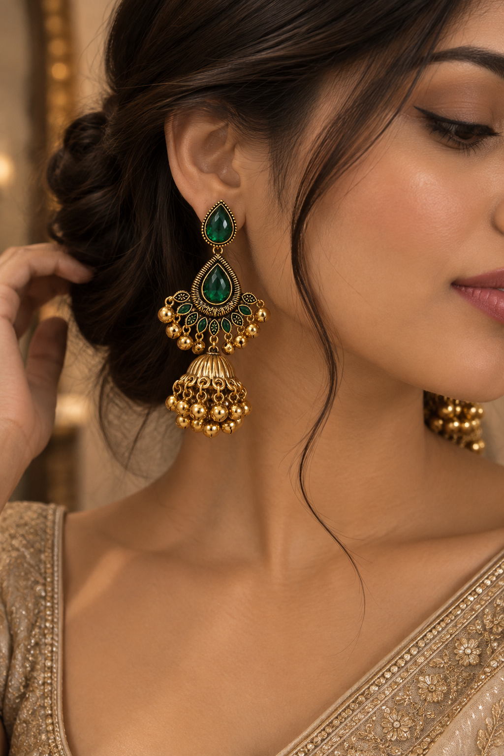 Premium Gold-Toned Emerald Green Teardrop Jhumka Earrings