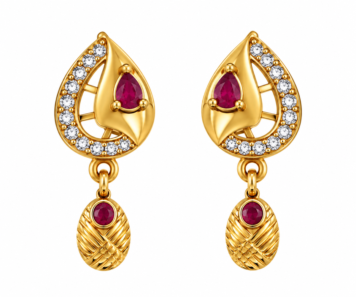 Premium Gold-Toned Ruby Teardrop Drop Earrings