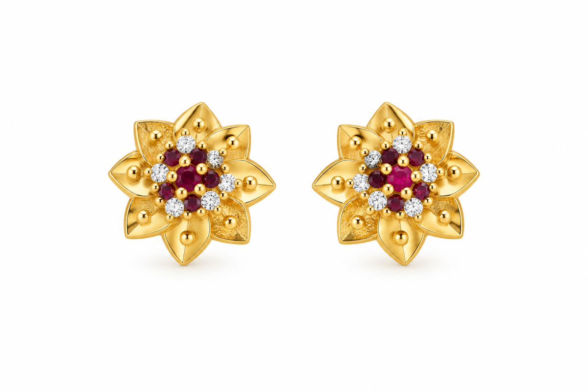 Gold-Toned Floral Cluster Stud Earrings