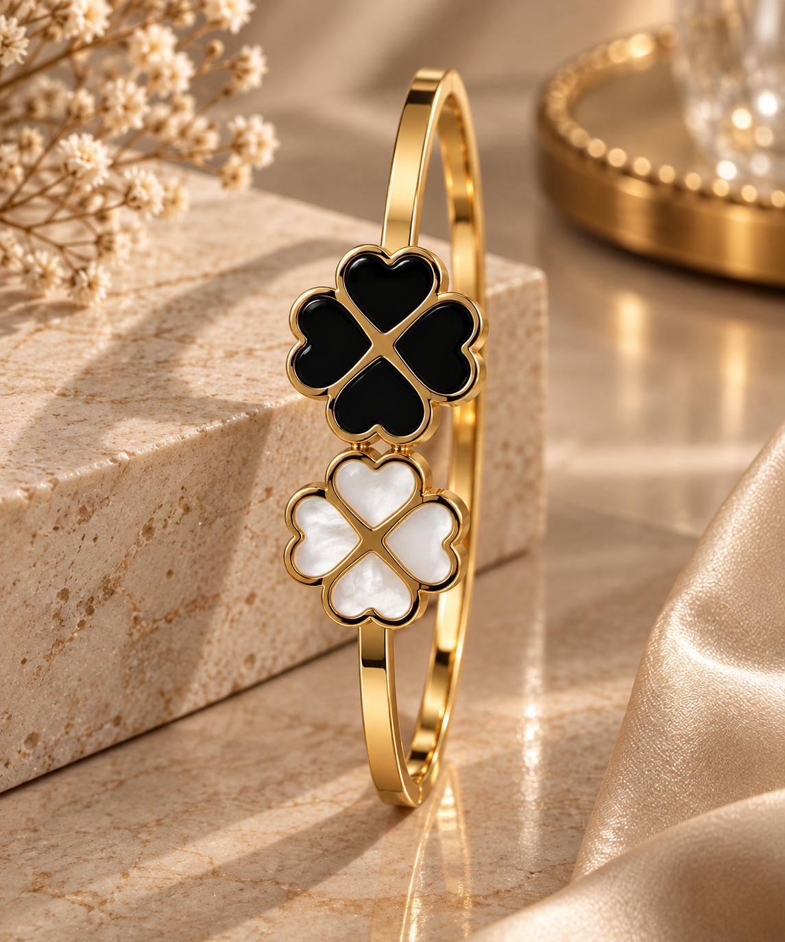 Premium Gold-Toned Black & White Clover Charm Bracelet