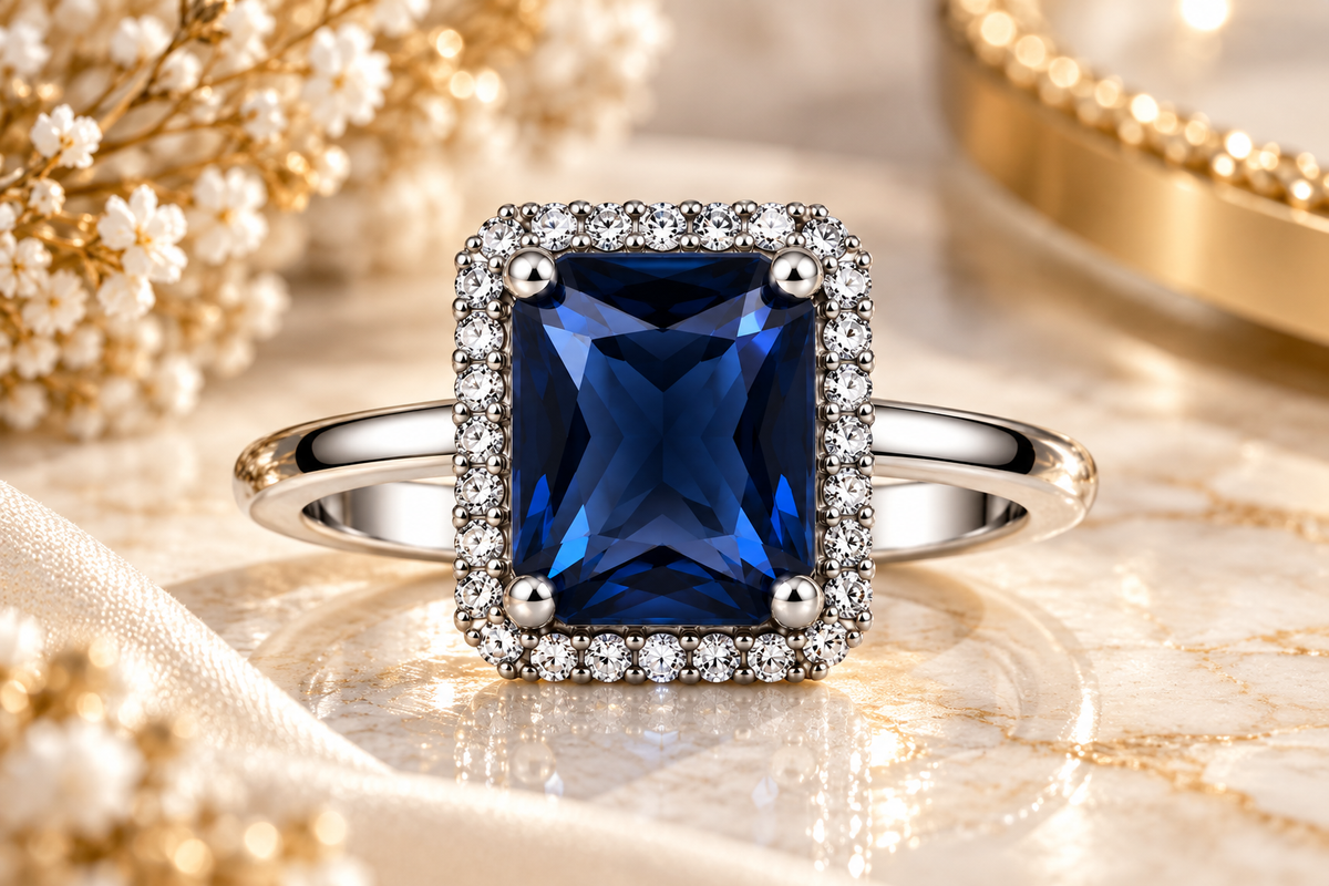 Midnight Blue Rectangular Halo Statement Ring