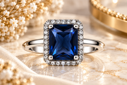 Midnight Blue Rectangular Halo Statement Ring