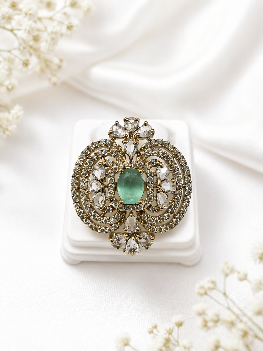 Premium Silver-Toned Emerald Statement Ring