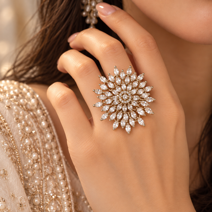 Silver-Toned Marquise Crystal Statement Ring