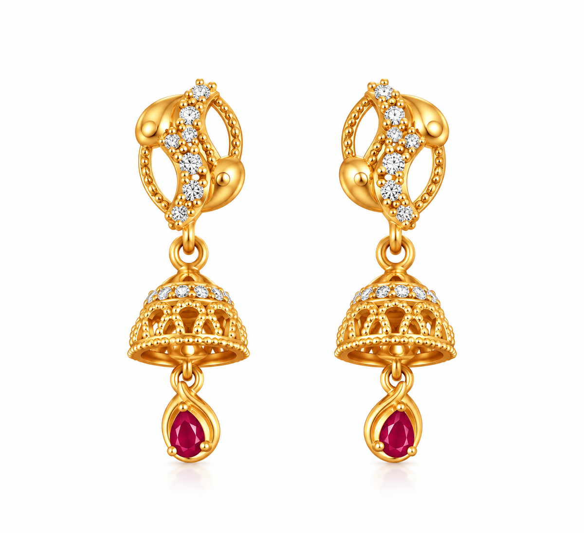 Premium Gold-Toned Jhumka Drop Earrings with Ruby Accents
