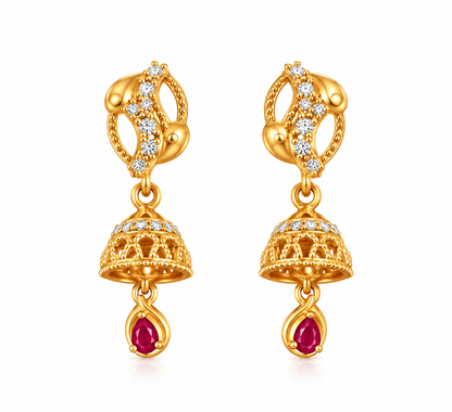 Premium Gold-Toned Jhumka Drop Earrings with Ruby Accents