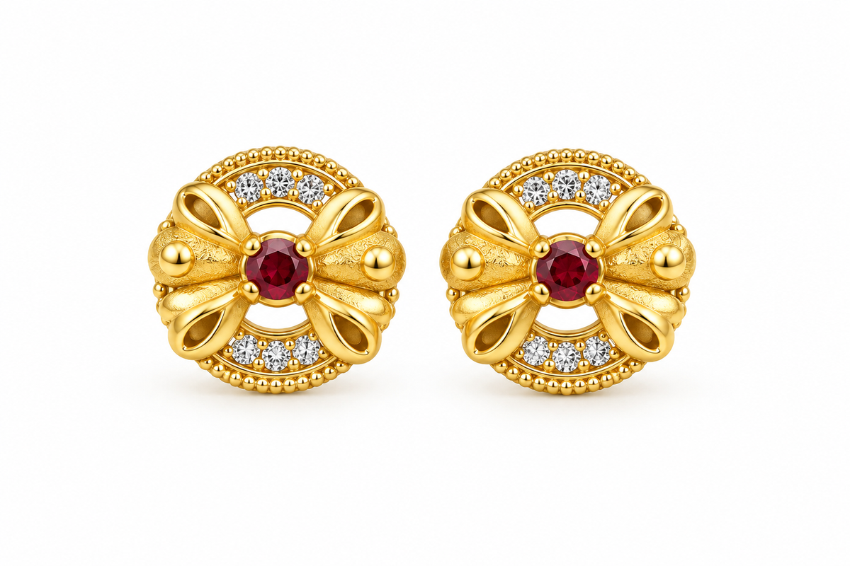 Gold-Toned Floral Ruby Stud Earrings