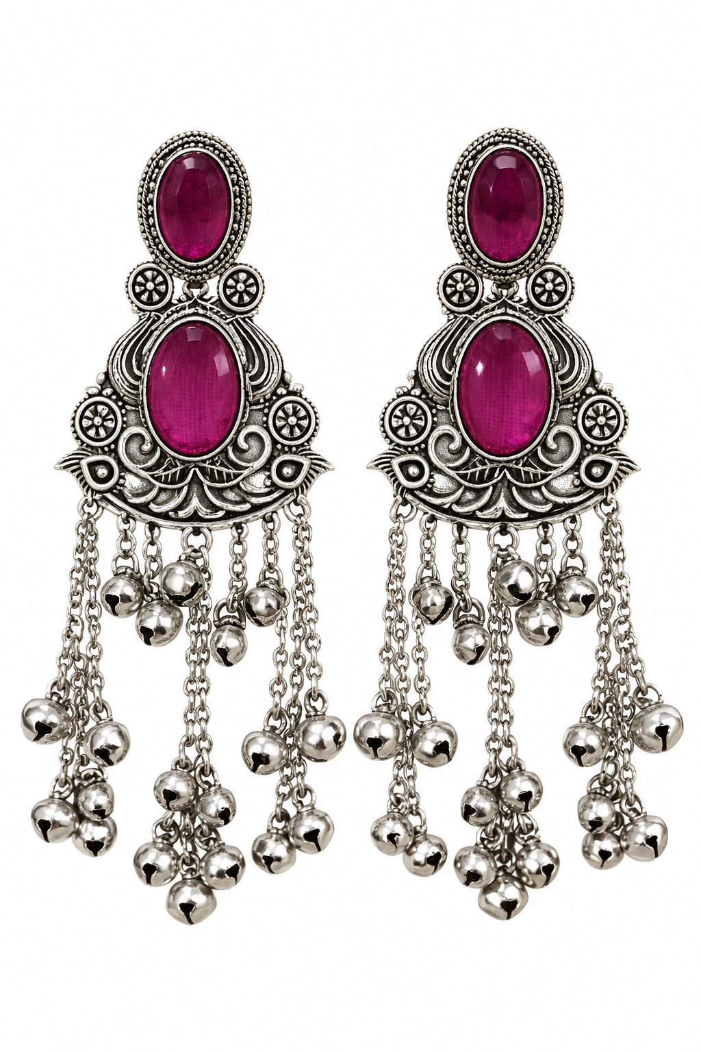 Premium Oxidized Silver-Toned Magenta Stone Long Chain Chandelier Earrings
