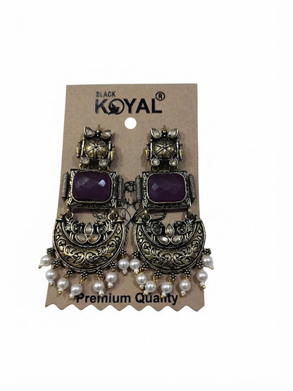 Premium Purple Crystal Antique Gold Chandbali Earrings