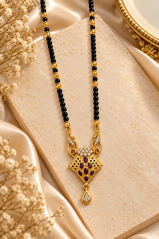 Gold-Toned Black Beaded Mangalsutra with Floral Pendant