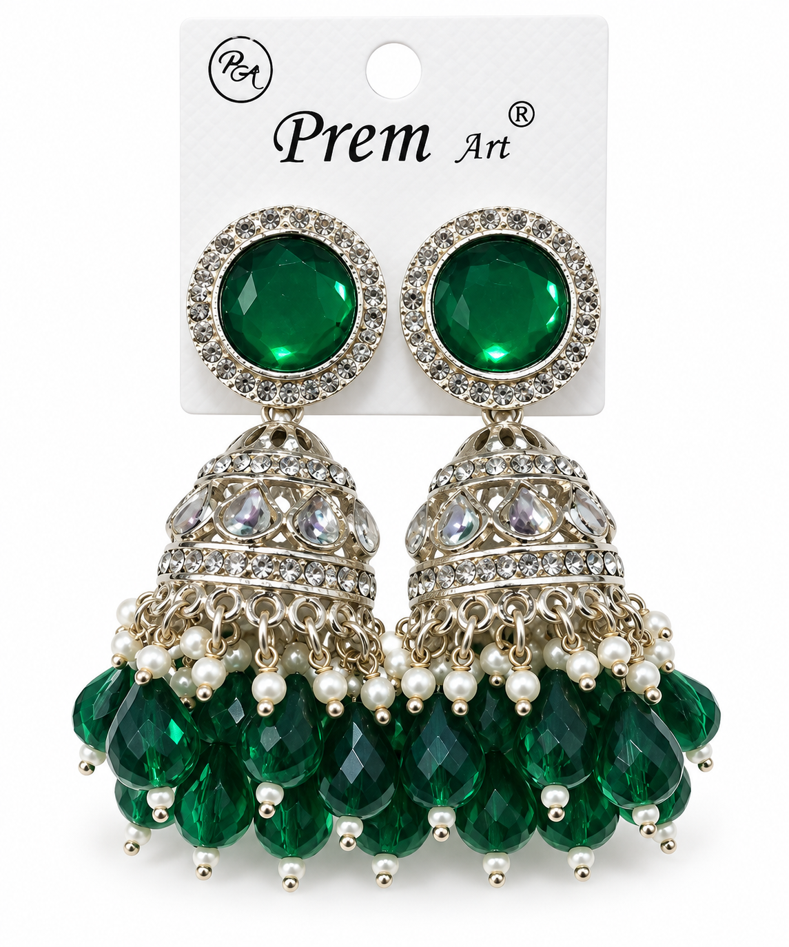 Premium Emerald Green Stone Silver-Toned Jhumka Earrings