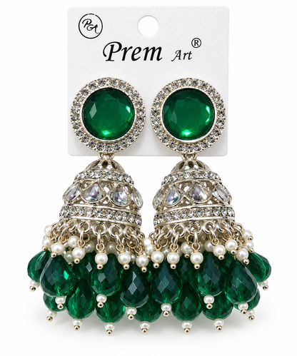 Premium Emerald Green Stone Silver-Toned Jhumka Earrings