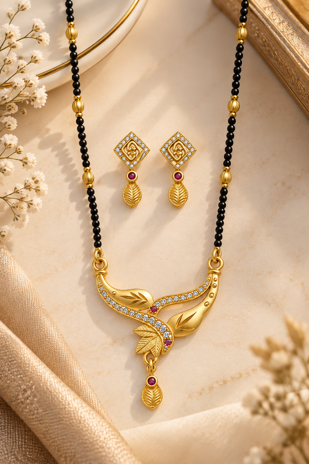 Premium Gold-Toned Mangalsutra Set with Leaf-Inspired Pendant