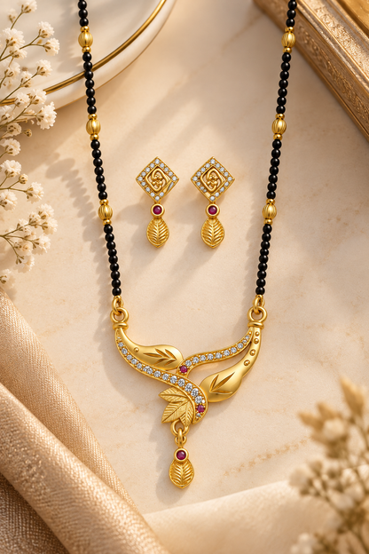 Premium Gold-Toned Mangalsutra Set with Leaf-Inspired Pendant