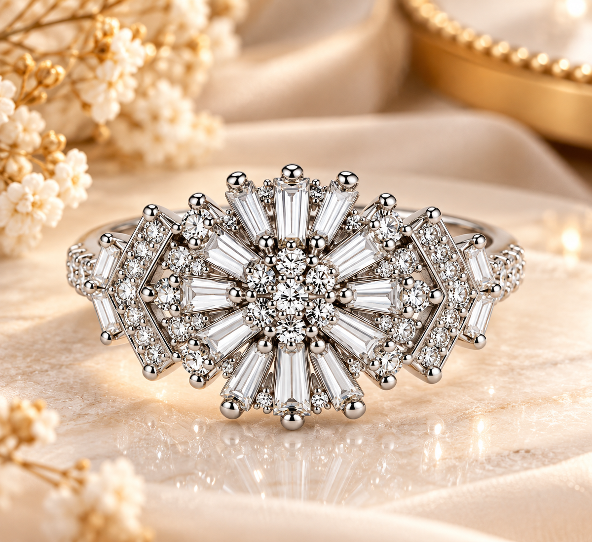 Silver Crystal Sunburst Cocktail Ring