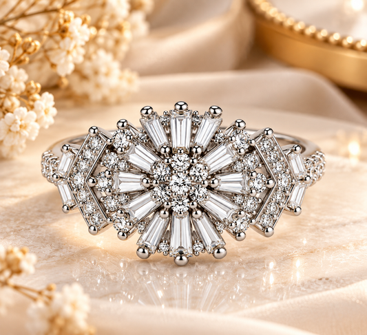 Silver Crystal Sunburst Cocktail Ring