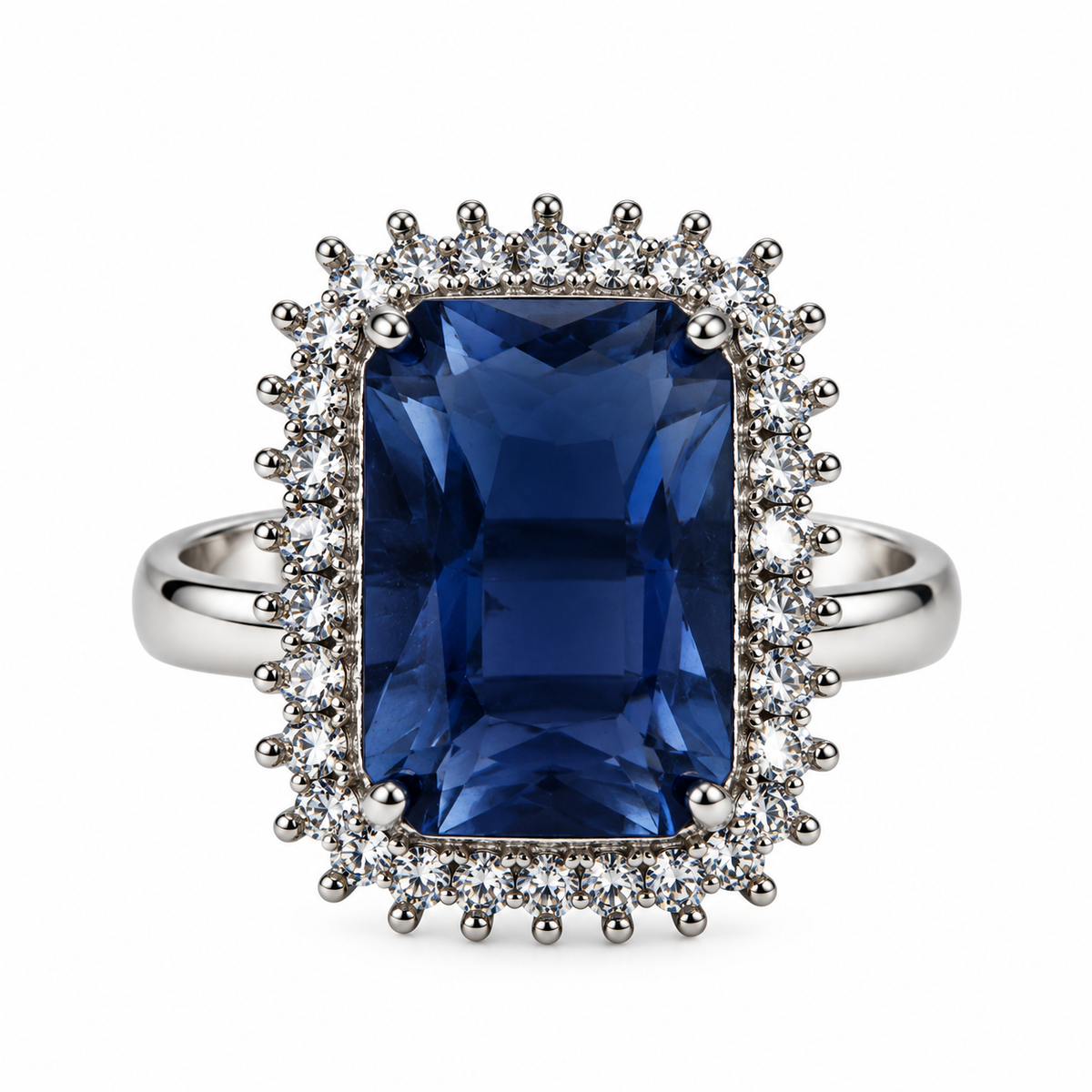 Silver-Toned Deep Blue Rectangle Statement Ring