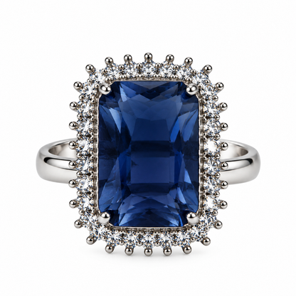 Silver-Toned Deep Blue Rectangle Statement Ring