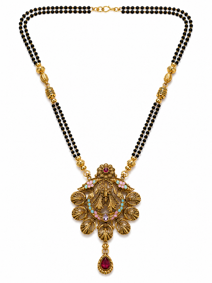 Antique Gold-Toned Peacock-Inspired Black Beaded Mangalsutra