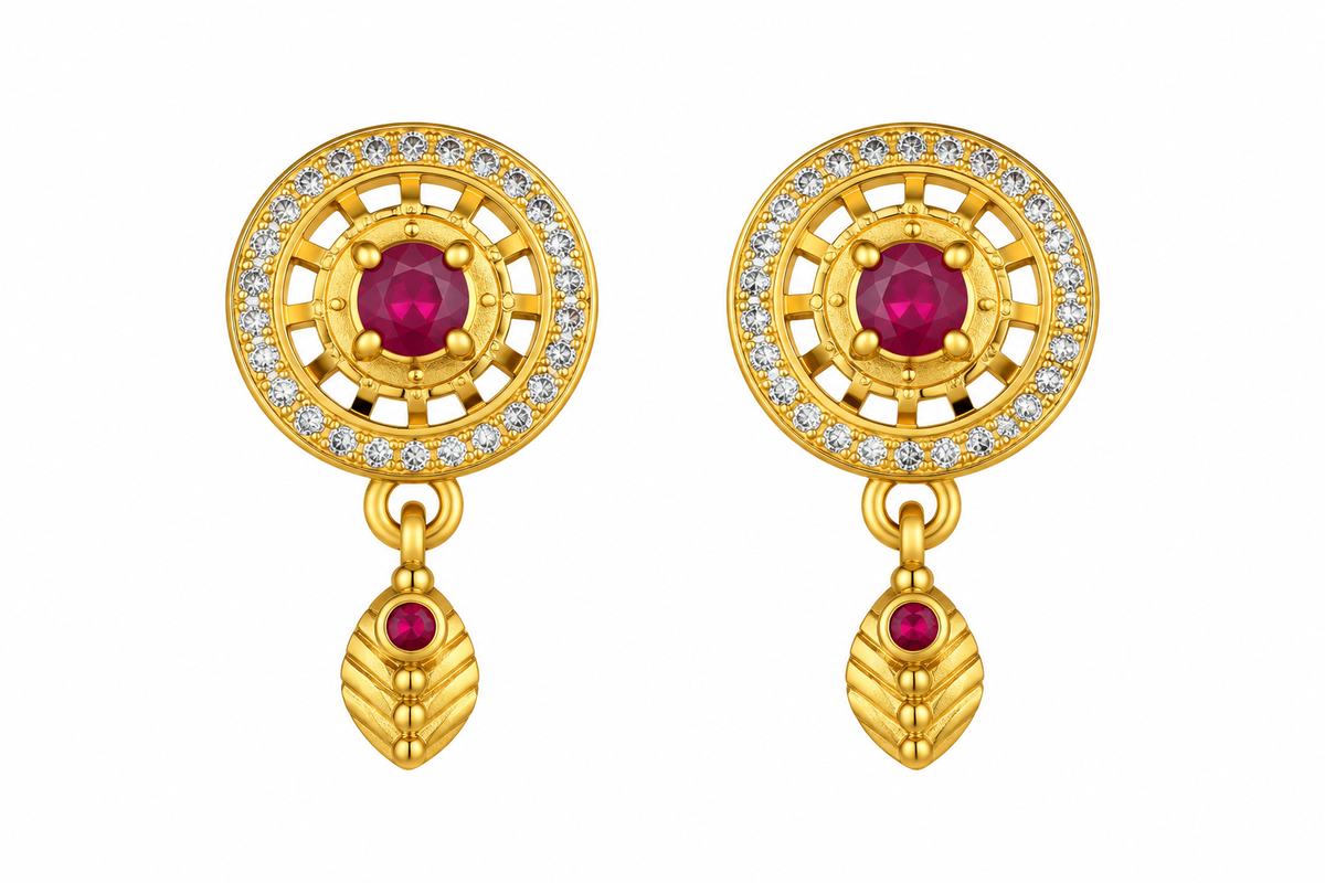 Premium Gold-Toned Circular Drop Earrings with Ruby Accents