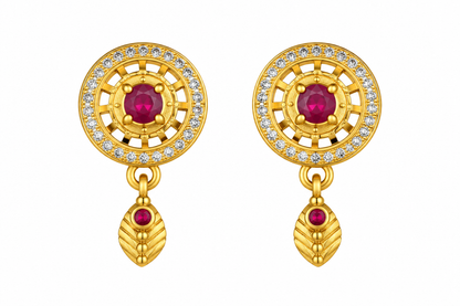 Premium Gold-Toned Circular Drop Earrings with Ruby Accents
