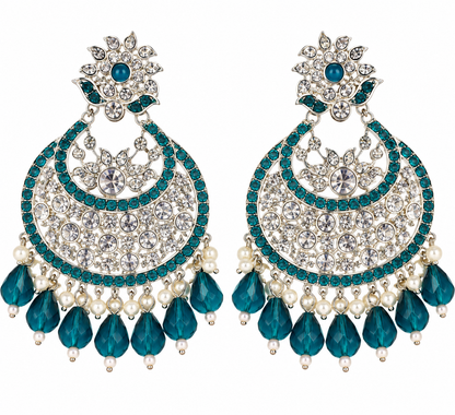 Premium Silver-Toned Teal Blue Crystal Chandbali Earrings with Pearl & Beaded Drop Embellishments